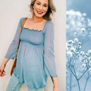 VINTAGE | Square Neck Long Sleeve Lettuce Trim Peasant Babydoll Knit Blouse Top